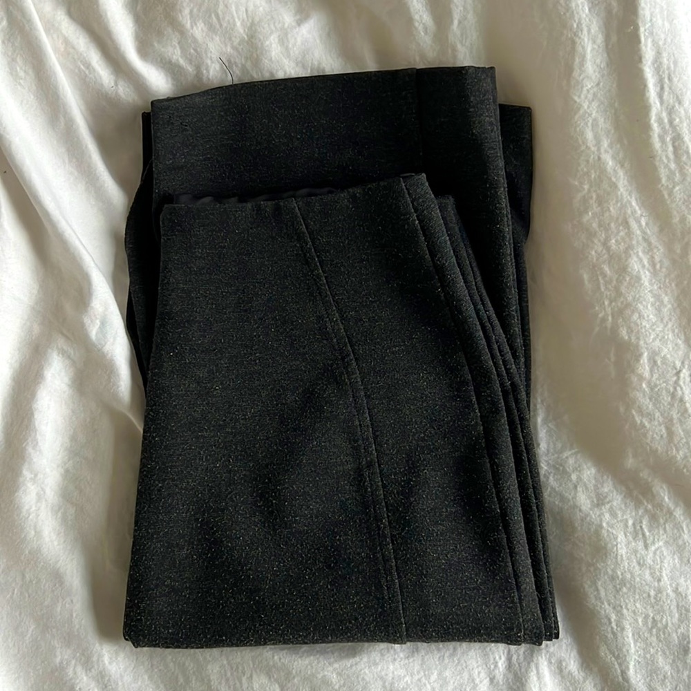 New York & Co, dark grey high waisted skirt, stops right at the knees.